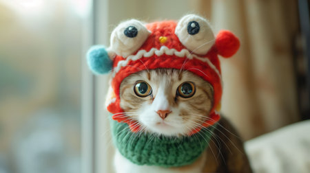 A cute cat dressed up wearing a knit hat. Adorable fluffy cat wearing green knitted sweater hat, cozy and warm, pet fashion. Cute tabby cat wearing green knitted hat. adorable.の写真素材