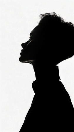 Silhouette noire d'un homme, fond blanc, art minimaliste. Silhouette of a black man in profile view,...