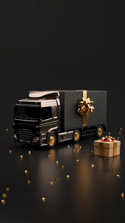 Festive black delivery truck wrapped with golden ribbon and bow against dark background. Holiday...