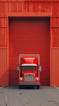 storage service, red truck, warehouse. red truck parked in front of large red warehouse with closed doors highlighting industrial architecture and transportation. truck in front of red garage door against industrial warehouse background clean design. storage service, warehouse. logistics, storage, and transportation. logistic design concept, transportation and storage.の写真素材