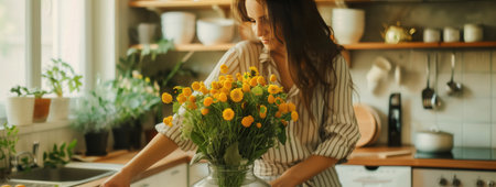 Woman arranging vibrant flowers in vase in cozy kitchen setting with sunlight streaming through window, cheerful atmosphere, home decor and relaxing environment. Young woman touching vase with yellow flowers on table in stylish kitchenの写真素材