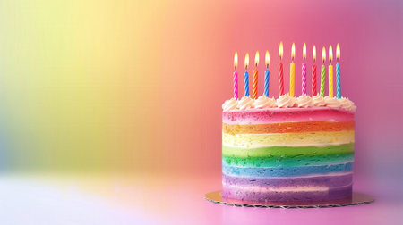 Rainbow birthday cake background with colorful rainbow candles. Colorful birthday cake adorned with...