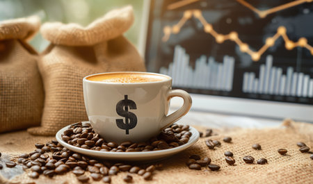 Dollar icon on cup. around a cup of coffee grains and bags of coffee and grains, concept of coffee price increase. price for a cup of coffee in the world is growing. Coffee cup with dollar symbol surrounded by coffee beans. coffee trade industryの写真素材