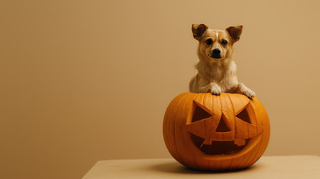 Pumpkin against a light brown background. On top of the pumpkin sits a dog. Cute dog sitting on carved Halloween pumpkin against beige background. Halloween decorations, festive themes, holiday advertisements. Adorable puppy sitting on carved pumpkin. festive fall holiday, autumn decoration, pet and pumpkin, playful canine, seasonal celebration.の写真素材