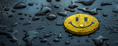Smiley face with water droplets on dark surface. happiness in difficult times. happiness and fun. Smiley face with water droplets on black surface. positivity. smiling face covered in water droplets on dark wet surface.の写真素材