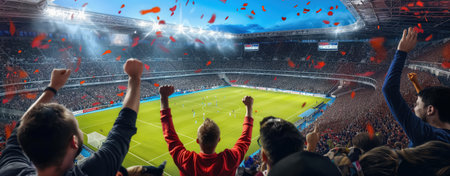 Exciting soccer match at a packed stadium with enthusiastic fans. celebrating. Fans cheering inside...