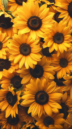 Yellow sunflowers in full bloom. tightly clustered together. natural beauty backgrounds. wallpapers,...
