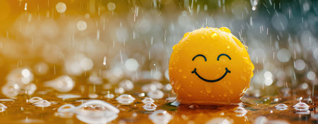 Happy yellow emoticon in heavy rain surrounded by water droplets. Bright yellow smiley face ball in rain, cheerful happiness and positivity. Yellow smiling emoticon ball in raindrops. positivity and happiness. Emoji in Rain. Yellow happy emoji.の写真素材