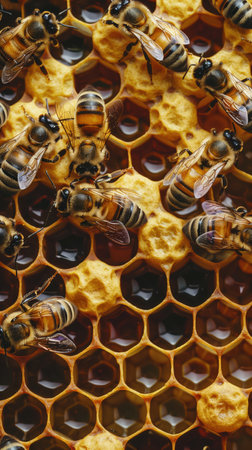 Close-up of honeybee on honeycomb. beekeeping. Close-up of honey bees working on honeycomb. natural...
