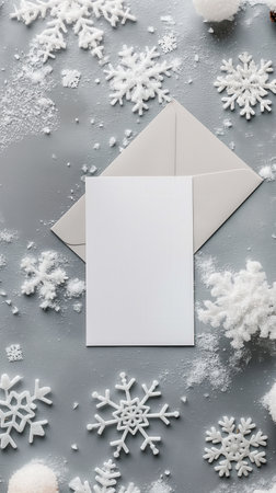 Blank white invitation card on a snowy background with snowflakes and pine branches, perfect for...