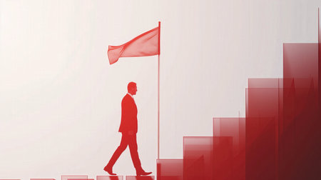 Businessman walking upward on bar chart to red flag. symbolizing growth and leadership success and achievement. Businessman walking to red business top with flag on white background. Success, financial growth and strategy concept.の写真素材