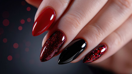Close-up of a hand with elegant red and black glittery nail art. beauty, fashion, and manicure.の写真素材