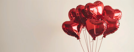 Heart shaped red foil balloons bunch. Red heart shaped balloons against light background. Bright shiny foil balloons. Love, romance, special occasion. celebration, wedding party, decoration, happy anniversary, engagement, bridal. decor festive event. Cluster of shiny red heart-shaped balloons tied together against light background symbolizing love romance celebration.の写真素材