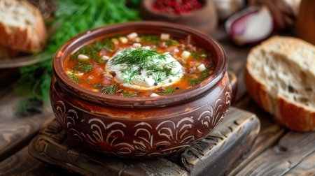 traditional Ukrainian borsch. Delicious bowl of hearty Ukrainian borsch with dill. Delicious...