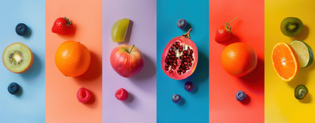 A collage of assorted fruits with a vivid color palette on a striped background. Colorful assortment of fruits on vibrant striped background. A collage of assorted fruits with a vivid color palette on a striped background.の写真素材