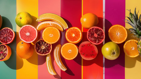 A collage of assorted fruits with a vivid color palette on a striped background. Colorful assortment...