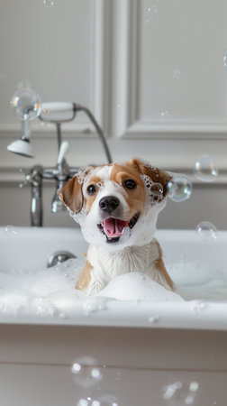 Playful dog in bubble-filled vintage bathtub. Cute pup enjoying bath time with soap bubbles and...