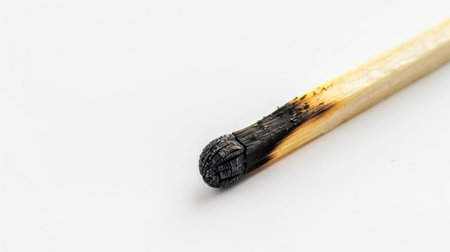 Close-up of a burnt matchstick wooden tip against white background. burnout concept. risk, danger and aftermath of fire. Exhaustion and Burnout. energy and resources.の写真素材