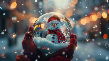 Hand in red glove holding a snow globe with a snowman inside. A beautiful glass Christmas ball with...