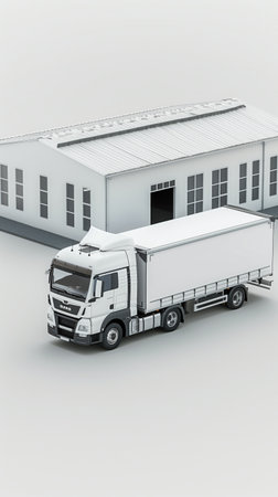 3D, mini storage service, white truck, warehouse. white freight truck parked in front of a large industrial warehouse. Delivery and transportation serviceの写真素材