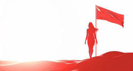 Businesswoman walking to red flag on white background. Success, financial growth and strategy...
