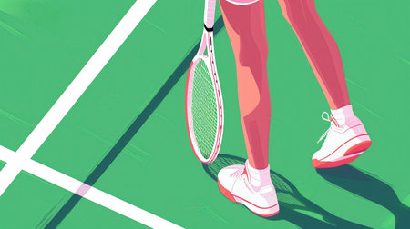 Minimalist illustration of a tennis player with white shoes holding a racket on a green court, flat design, sunshine, sports atmosphere, minimalism. Tennis player standing on court holding racket. bright sunlight.の写真素材