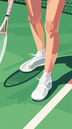 Minimalist illustration of a tennis player with white shoes holding a racket on a green court, flat design, sunshine, sports atmosphere, minimalism. Tennis player standing on court holding racket. bright sunlight.の写真素材