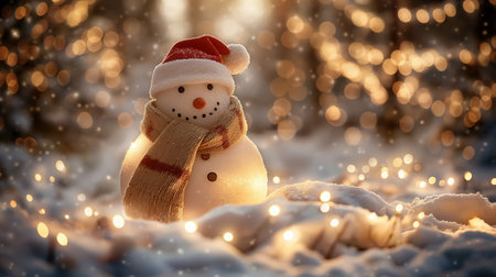 Happy snowman with scarf and hat standing in the snowy winter, twinkle lights, Christmas light garland. Festive snowman surrounded by twinkling Christmas lights. Magical winter scene. Warm holiday atmosphere.の写真素材