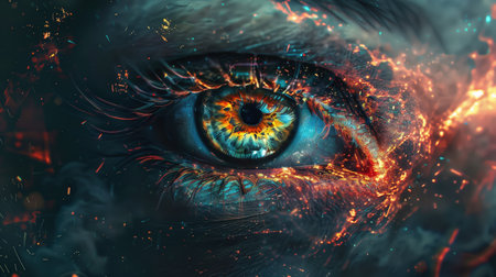 Close up eye with vibrant flames and sparks intense colors and vivid detail conceptual design. All-Seeing Eyeの写真素材