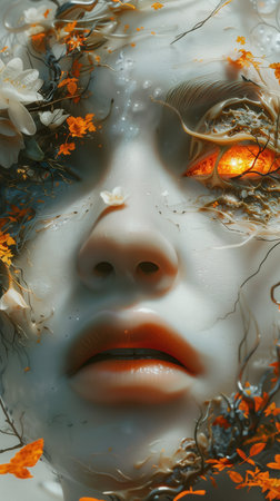Surreal portrait of fantasy woman with glowing eyes and floral elements. Ethereal face with...