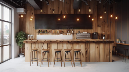 coffee shop bar table, wooden walls, warm lighting, interior design. Trendy coffee shop interior featuring wooden decor and modern lighting, espresso machine and clean counter with wooden bar stools and cozy atmosphereの写真素材