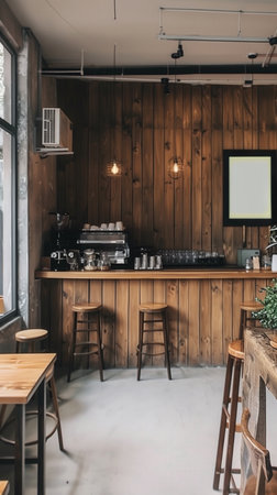 coffee shop bar table, wooden walls, warm lighting, interior design. Trendy coffee shop interior featuring wooden decor and modern lighting, espresso machine and clean counter with wooden bar stools and cozy atmosphereの写真素材