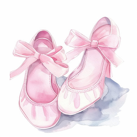 Cute pastel watercolor illustration of soft pink ballet shoes with bow, kids book style, simple design. Hand-painted watercolor illustration of pink ballet shoes. dance designsの写真素材