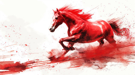 a red horse, running, Ink Painting, gradation, white background. Dynamic painting of galloping horse with dramatic splashes of paint conveying energy power and motion. Vibrant horse running through abstract splashes, dynamic movement. racing, races,の写真素材