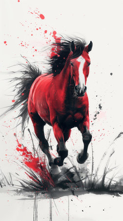 a red horse, running, Ink Painting, gradation, white background. Dynamic painting of galloping horse with dramatic splashes of paint conveying energy power and motion. Vibrant horse running through abstract splashes, dynamic movement. racing, races,の写真素材