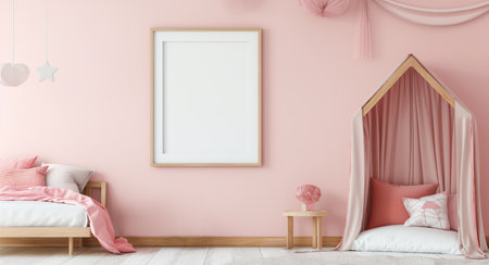 Charming pink girls bedroom with minimalist furniture. mockup template, empty wooden frame, Childrens bed, kids room pastel colors, cozy vibe. Modern bedroom interior with minimalist decor including empty wooden picture frame.の写真素材