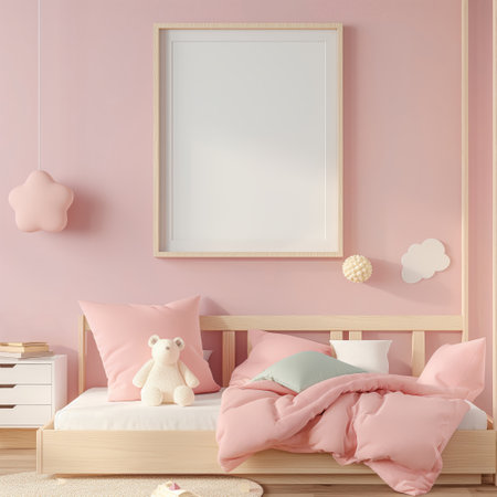 Charming pink girls bedroom with minimalist furniture. mockup template, empty wooden frame, Childrens bed, kids room pastel colors, cozy vibe. Modern bedroom interior with minimalist decor including empty wooden picture frame.の写真素材