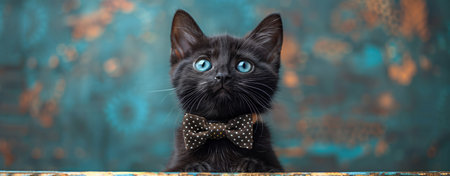 Adorable black kitten wearing polka dot bow tie against turquoise background. Portrait Black cat with bright blue eyesの写真素材