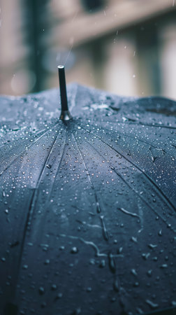 Rainy weather. weather concepts. Close-up view of a black umbrella with raindrops bouncing off its waterproof surface. rainy day atmosphere. Close-up of black umbrella with raindrops.の写真素材