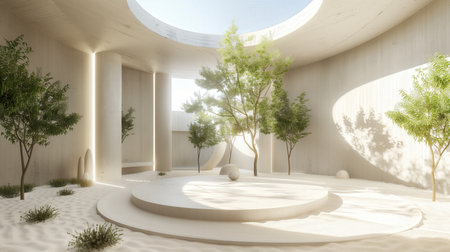 Modern outdoor living space with sleek architectural design, tropical plants, open ceiling. Modern...