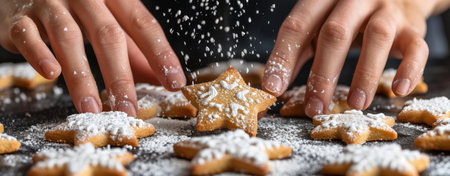 Hands make homemade star-shaped cookies with powdered sugar, winter holiday baking, festive kitchen...