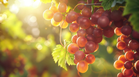 Close-up of fresh ripe red grapes hanging on vine in vineyard with sunlight shining through leaves, symbolizing harvest season and organic farming. Ripe red grapes hanging on vine. vineyard themes farmers markets and fresh produce promotionsの写真素材