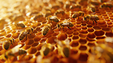 Close-up of honeybee on honeycomb. beekeeping. Close-up of honey bees working on honeycomb. natural work cycle and teamwork of insects. natural honey production, teamwork, and insect society. apiaries and beekeeping concepts.の写真素材