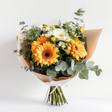 Vibrant bouquet with daisies, orange gerberas, and eucalyptus wrapped in paper. weddings celebrations gifts. Elegant floral bouquet. Special occasions. a commercial advertising for a web shop. Professional florist. the bouquet is standingの写真素材