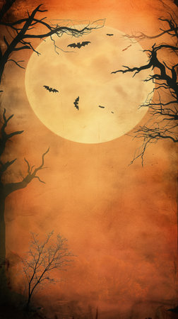 Full moon and flying bats on orange background. Spooky Halloween night. party atmosphere, trees and dark silhouettesの写真素材