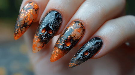 Halloween nail art with spooky faces. orange and black painted on long pointed nails. dark mysterious and festive. holiday season. Close-up of hand with long, pointed, Halloween nails design. Spooky, gothic or festive occasions. Beauty, nail art.の写真素材