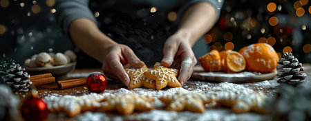 Hands preparing Christmas cookies on festive kitchen table with oranges, powdered sugar, and holiday decorations. Hands making Christmas cookies. festive atmosphere. decorated table. holiday baking. Christmas lights winter, oranges.の写真素材