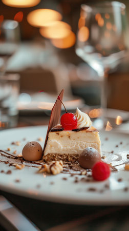 Delicious cheesecake dessert garnished with chocolate, cream, and cherry. tempting treat, luxury dining restaurant atmosphere. fine dining, sophisticated presentation. festive occasion.の写真素材