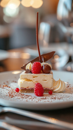 Delicious cheesecake dessert garnished with chocolate, cream, and raspberry. tempting treat, luxury...