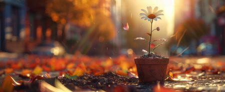 A micro tiny clay pot full of dirt with a beautiful daisie planted in it, shining in the autumn sun...
